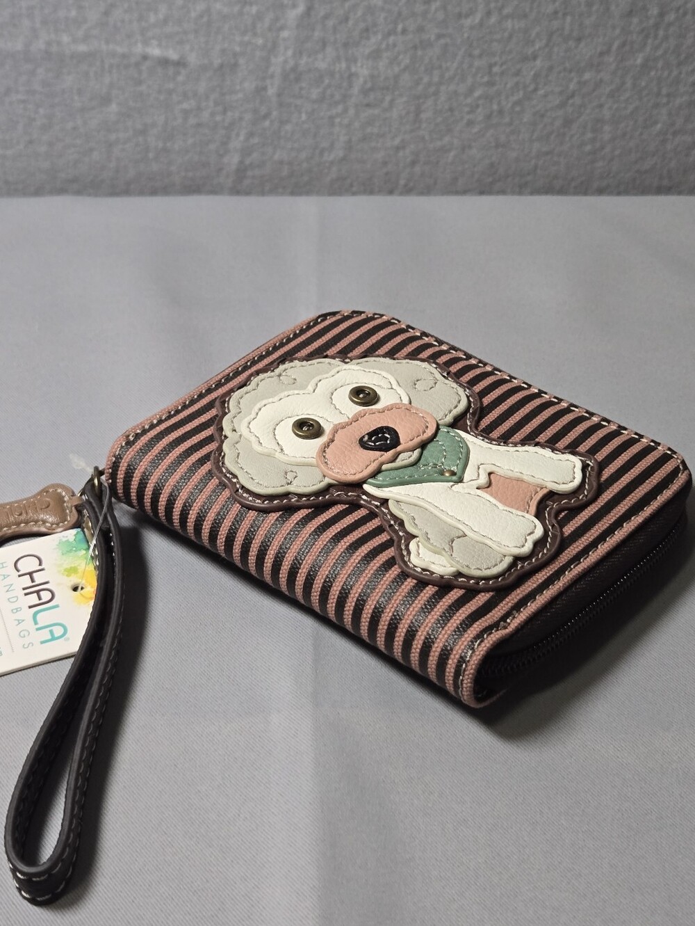Chala Pink and Brown Striped Dog Wristlet Wallet Poodle Cute